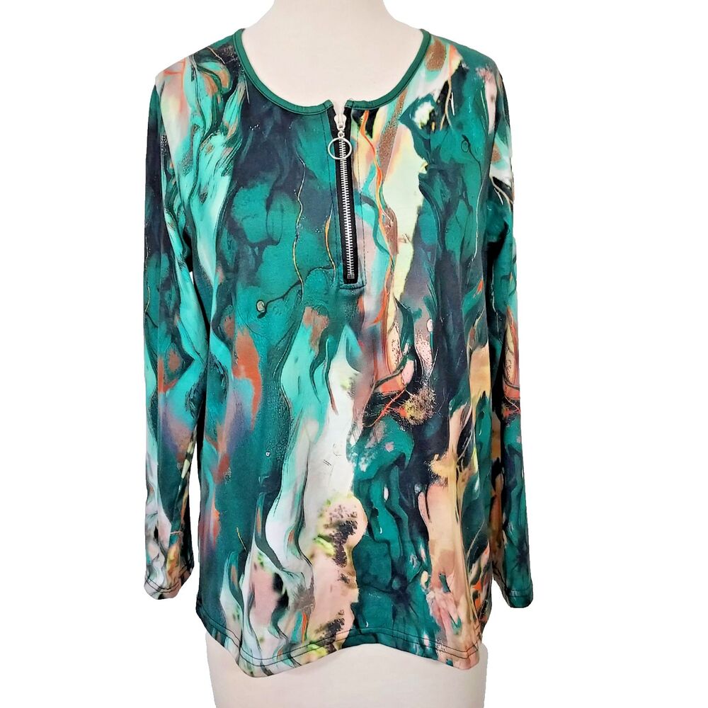 CHAOS MONKEY Womens Shirt Top Multicolor Abstract Hippie Retro 1/4 Zip Size L